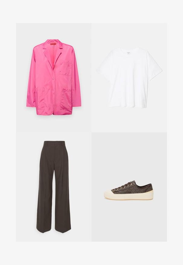Roze nylon blazer met een enkele knoopsluiting, notch revers, twee voorste opgestikte zakken en geborduurd logo op de borstzak.; Witte katoenen t-shirt met korte mouwen, ronde halslijn, comfortabele pasvorm en gestikte zoom. Etiket zichtbaar aan de binnenzijde van de hals.; Donkerbruine wijde broek met een hoge taille, voorzien van strak geplooide plooien, een zachte textuur en een op maat gemaakte pasvorm.; Bruine canvas sneakers met een patroon, gouden veterogen, vetersluiting en een witte rubberen neuskap en zool. Met een gestructureerde afwerking.