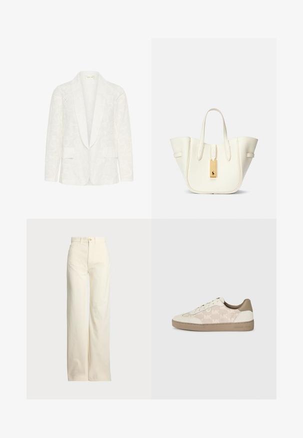Valge bleiser tekstureeritud lillemustriga, millel on šaalikaelus, kaks eesmist taskut ja keerukad lõikepinnad.; Kreemjas ja tumesinises triibuline lühikeste varrukatega top, millel on ümmargune kaelus ja kastmine disain, valmistatud tekstuurses kangas.; Polo Ralph Lauren COTTON CORDUROY WIDE-LEG PANT - Püksid - warm white; Tennised, millel on kreemivärvi kanvas ülemine osa, korduv "MK" logo muster, beežist sametist detailid ja tekstuuriga helepruun kummitald.; Valge nahast ostukott, millel on struktureeritud kuju, silmapaistvad õmblused, kuldne metallist silt ja kaks käepidet. Tekstuuriga pind ja külgpockets.