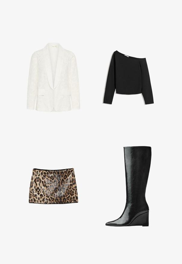 Bijela jakna s teksturiranim cvjetnim uzorkom, s reverima od šala, dva prednja džepa i složenim izrezanim detaljima.; Crna majica s dugim rukavima koja se nosi bez ramena, napravljena od mekane tkanine. Ima skraćeni dizajn s širokim izrezom i uskim rukavima.; Mini suknja s leopard uzorkom, ukrašena zlatnim i crnim šljokicama, prilagođenog kroja i crnim pojasom.; Čizme od crne kože do koljena s elegantnim, šiljastim vrhom i potplatom na klin. Površina je glatka s sjajnim završetkom.