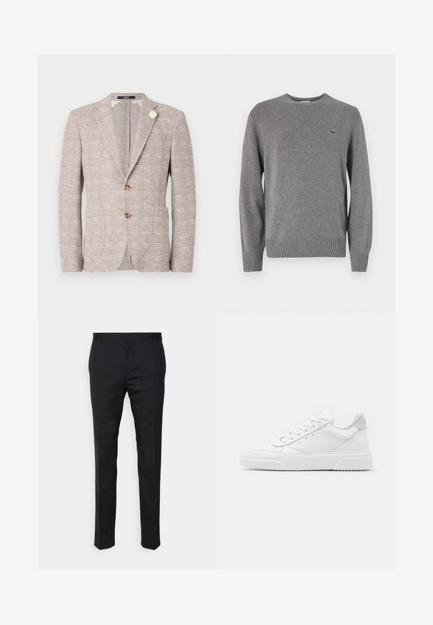 Sacou texturat bej deschis, cu două butoane, rever tăiat, buzunare frontale și o broșă decorativă albă pe reverul stâng.; Pulover gri tricotat cu guler rotund, manșete și tiv cu nervuri, având un mic logo verde de crocodil pe pieptul stâng.; Pantaloni negri, croiți, cu o potrivire dreaptă, dintr-un material neted. Au curea de brâu și detaliu de pliuri pe față.; Adidași din piele albă cu un finisaj neted, vârf rotunjit, șireturi plate și o talpă texturată. Accente din piele întoarsă gri la călcâi.