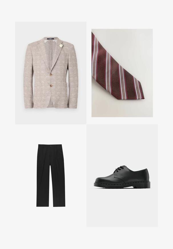 Textured light beige blazer with two buttons, notched lapels, front pockets, and a decorative white brooch on the left lapel.; White long-sleeve button-up shirt made of smooth fabric. Features a classic collar, front buttons, and single-button cuffs. Slim fit design.; Black pants with a straight-leg design, made from a smooth fabric. Features front pleats and a single button closure at the waist.; Black leather oxford shoe with lace-up design, rounded toe, flat rubber sole, and subtle stitching detail along the upper.; Next STRIPE - Tie - red