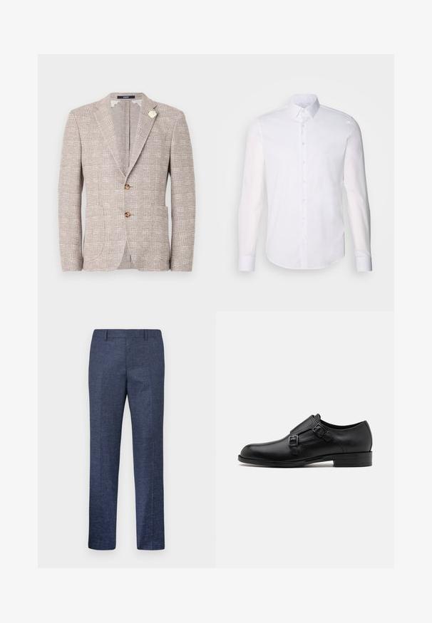 Strukturierter hellbeiger Blazer mit zwei Knöpfen, Reverskragen, Fronttaschen und einer dekorativen weißen Brosche am linken Revers.; Weißes Langarm-Hemd aus Baumwolle, mit klassischem Kragen, vorderen Knöpfen und minimalen Nähdetails.; Marineblaue Hose aus einem strukturierten Stoff, mit geraden Beinen, flachem Vorderteil und zwei seitlichen Taschen. Keine sichtbaren Muster oder Akzente.; Schwarze Leder- Schnürschuhe mit doppelten Schnallen, schlanker Silhouette und runder Zehenpartie. Sie verfügen über einen niedrigen Absatz und eine glatte Textur.