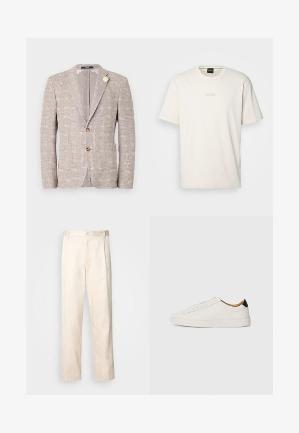 Textúrovaný svetlo béžový blazer s dvoma gombíkmi, s klopami, prednými vreckami a dekoračnou bielou brošňou na ľavej klope.; BOSS TEE - Základné tričko - open white; Béžové bavlnené nohavice so strihom rovného nohu, s gombíkovým zapínaním a záhybmi vpredu pre pridanie detailu.; Biele tenisky s hladkým koženým zvrškom, okrúhlou špičkou a plochou podrážkou. Čierny detail na päte, s tonálnym viazaním a minimálnym brandingom.