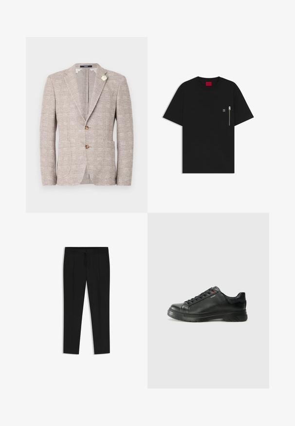 Textured light beige blazer with two buttons, notched lapels, front pockets, and a decorative white brooch on the left lapel.; Black T-shirt made of cotton, featuring a round neck, short sleeves, and a chest pocket with a silver zipper detail. Small logo on pocket.; Black trousers with a drawstring waist, pleated front, tapered legs, and smooth fabric texture. No additional patterns or details.; Black leather sneaker with textured upper, padded collar, and red logo detail. Features a thick rubber sole with distinct tread pattern.
