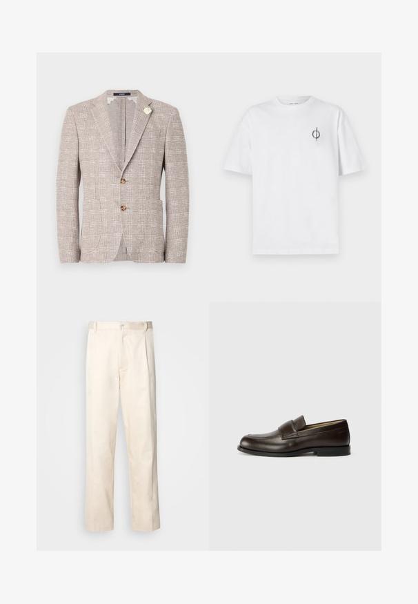 Textured light beige blazer with two buttons, notched lapels, front pockets, and a decorative white brooch on the left lapel.; White cotton t-shirt with a relaxed fit, featuring a small black graphic logo on the left chest area. Short sleeves, crew neck style.; Beige cotton trousers with a straight-leg cut, featuring a button closure and pleats at the front for added detail.; Calvin Klein Slip-ons - cocoa brown