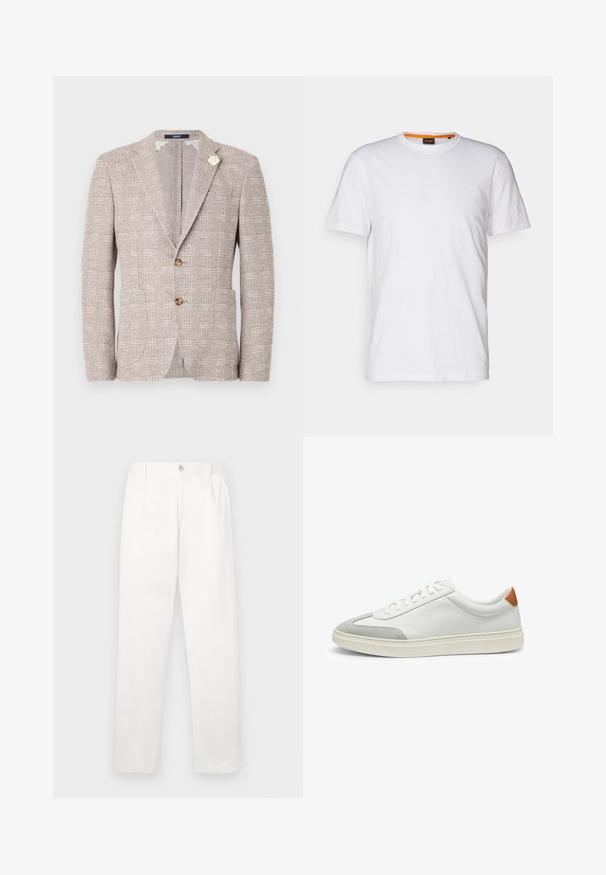 Strukturierter hellbeiger Blazer mit zwei Knöpfen, Reverskragen, Fronttaschen und einer dekorativen weißen Brosche am linken Revers.; Weißes Baumwoll-T-Shirt mit Rundhalsausschnitt, kurzen Ärmeln und einem dezenten geprägten Logo auf der Brust. Das Innenschild hat einen orangefarbenen Akzent.; Weiße Hose aus glattem Gewebe, mit geradem Bein, Vorderfalten und einem einzelnen Knopfverschluss an der Taille.; Weiße Leder-Sneaker mit grauen Wildlederakzenten und einer sandfarbenen Lederfersenschlaufe. Sie verfügen über eine strukturierte Oberfläche und eine leichte Sohle.