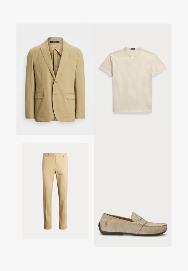 Beige cotton blazer featuring a notched lapel, single-button closure, and two front pockets. Smooth texture with minimal stitching details.; Beige cotton t-shirt with a round neck, short sleeves, and a small logo on the chest. Smooth texture, casual fit, and minimal design.; Khaki chinos made of smooth cotton fabric, featuring a fitted design, front pleats, and cuffs at the ankle for a tapered look.; Beige suede loafers with a stitched detail, flat rubber sole, and a small logo on the side. Classic slip-on design, soft texture.