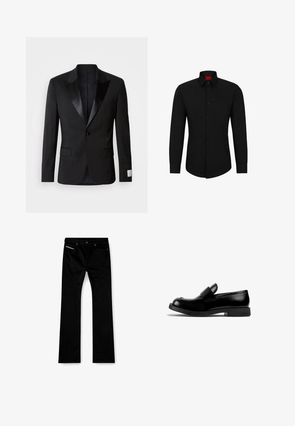 Černé smokinkové sako se saténovými špičatými klopami, zapínání na jeden knoflík a dvěmi předními kapsami; má hladkou strukturu a přiléhavý střih.; Černá košile s dlouhým rukávem a zapínáním na knoflíky, klasickým límcem a zaobleným spodním lemem; má černé knoflíky a červené logo uvnitř límce.; Černé džíny s rovnými nohavicemi, vpředu na knoflík a zip, s předními a zadními kapsami a bílou etiketou viditelnou v pravé přední kapse.; Černé kožené mokasíny s kulatou špičkou, plochou gumovou podrážkou a výrazným páskem přes nárt. Hladká textura, minimalistický design.