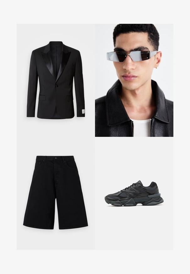 Musta smokkkoristusjakk, millel on satiinist teravad klapid, ühekohaline kinnis ja kaks esikäe taskut; omab siledat tekstuuri ja hästi istuvat lõiget.; Must t-särk lühikeste varrukatega, musta värviga, mille ees on graafika kujutisega ja sõnaga "REPENT" julgete hallide tähtedega.; Mustadest denimist lühikesed püksid, millel on mugav lõige, klassikaline viie tasku disain ja nööpauguga kinnitus, sile tekstuur ning sirge jala lõige.; Mustad mustus jooksukeng, mis sisaldab segu võrgust ja sünteetilisest materjalist, jäme talla, kaarduv disain ja silmapaistev bränding külgedel.; Angular hallikatega tumedad prillid hõbedaste detailidega, heleda tausta ees. Prilliklaasid omavad ainulaadset geomeetrilist kuju.