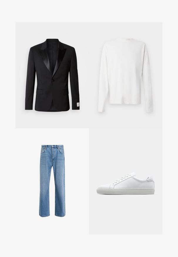 Black tuxedo jacket with satin peaked lapels, single button closure, and two front pockets; features a smooth texture and tailored fit.; Long-sleeved white cotton shirt with a round neckline, side slits at the bottom, and a smooth texture, displayed from the back.; Light blue denim jeans with a straight-leg design, five pockets, button closure, minimal fading, and contrasting stitching details.; White sneaker with a smooth leather upper and a low profile. Features a rounded toe, six eyelets, and a textured rubber sole.