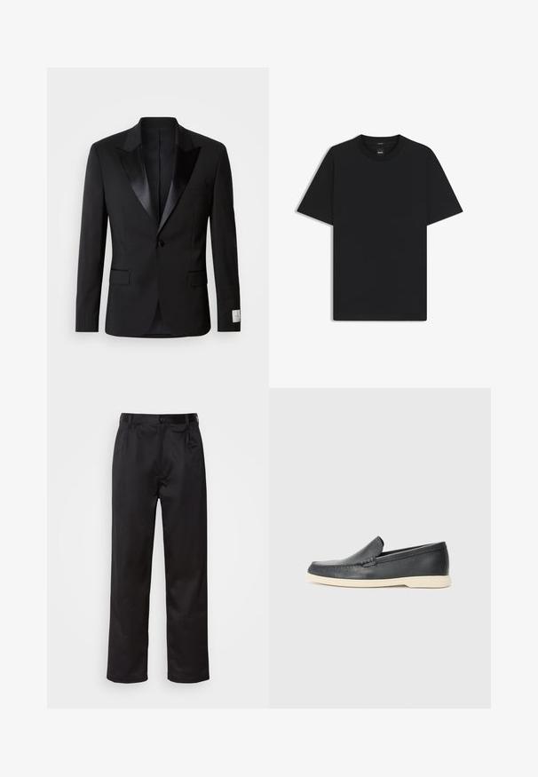 Musta frakki, jossa on satiiniset huiput, yksittäinen nappikiinnitys ja kaksi etutaskua; omaa sileän pinnan ja hyvin istuvan leikkauksen.; Musta lyhythiha T-paita, joka on valmistettu sileästä puuvillasekoitteesta. Paita on varustettu pyöreällä pääntiehen ja siinä on minimaalinen muotoilu ilman kuvioita tai yksityiskohtia.; Musta housut sileästä kankaasta, joissa on etupainike, laskokset ja suorat lahkeet. Ei näkyviä kuvioita tai korostuksia.; Mustat nahkakengät ilman nauhoja, joissa on teksturoitu pinta ja kontrastoiva beige kumipohja. Kengissä on hillitty yksityiskohta etuosassa.