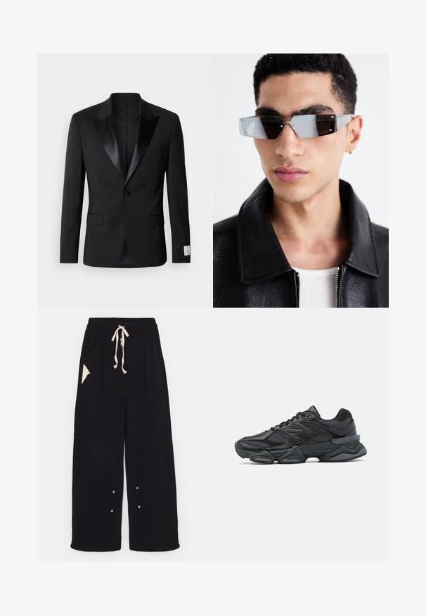 Giacca da smoking nera con rever satinati, chiusura a un bottone e due tasche frontali; presenta una texture liscia e una vestibilità sartoriale.; T-shirt nero a maniche corte in cotone, con scollatura rotonda e vestibilità comoda. Texture liscia con dettagli di cucitura minimi.; Pantaloni neri a gamba larga realizzati in un morbido tessuto, con vita regolabile tramite cordino, tasche laterali e una tasca accentuata triangolare. Include dettagli in hardware argentato.; Scarpa da corsa nera con una combinazione di materiali in rete e sintetici, suola spessa, design curvo e marchio ben visibile sul lato.; Occhiali da sole angolari con tonalità grigia e hardware in argento, su uno sfondo chiaro. Le lenti presentano una forma geometrica unica.