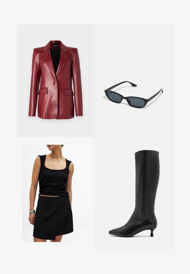 Patrizia Pepe JACKET - Žakete - clash red; Balta poguota krekla ar norādītu apkakli, garām piedurknēm un nelielu zilu logotipu kreisajā krūtī. Izgatavota no kokvilnas auduma.; Melns bezpiedurkņu tops ar kvadrātveida kakla izgriezumu, saskaņots ar atbilstošu melnu apvītu svārku, abi izgatavoti no gludas auduma. Zelta aproce uz plaukstas.; Zign Zābaki - black; Melna kaķa acs stila saulesbrilles ar tumšiem stikliem, plastmasas rāmis, šauras kājas un nemanāma zīmēšana iekšējā rokā. Matēta apdare.; Melnas ādas rokassomai ar strukturētu formu, zelta metāla detaļām un slēdzenes aksesuāru. Iespējami divi augšējie rokturi un izcilas zīmola atpazīstamības uzraksts priekšpusē.