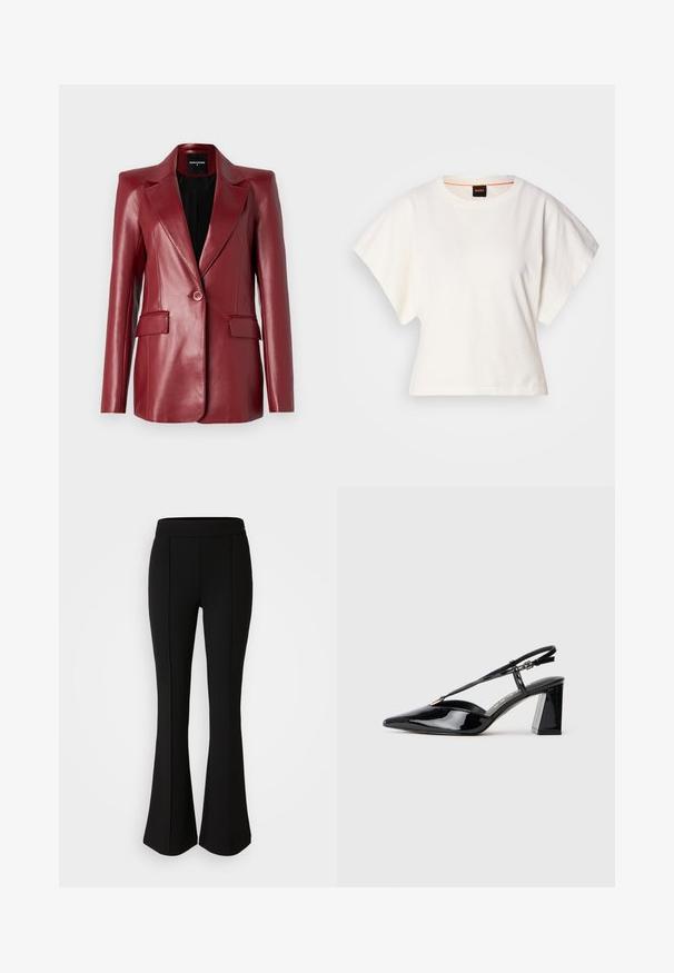 Patrizia Pepe JACKET - Blazer - clash red; Witte gecropte T-shirt, korte brede mouwen, zachte katoenmaterialen, ronde halslijn met subtiele oranje rand, minimalistisch ontwerp, geen patronen of graphics.; Zwarte flared broek gemaakt van een rekbaar materiaal met een gladde textuur, met naaddetails aan de voorkant voor extra ontwerp.; Zwarte gepatineerde lederen slingback hakschoenen met een spitse neus, verstelbare band en stevige rechthoekige hak.