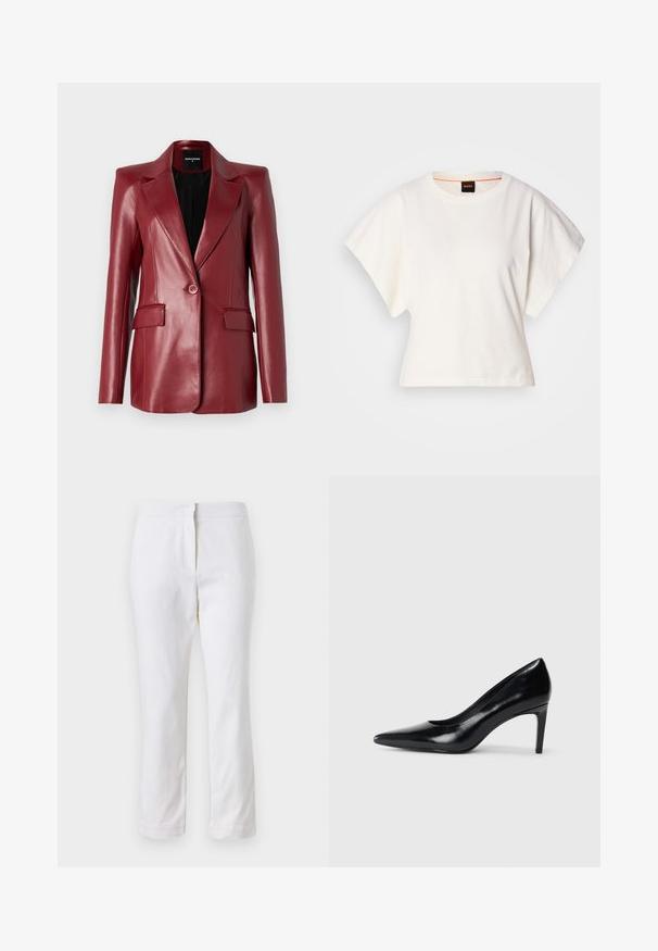Patrizia Pepe - Żakiet; Biała, krótka koszulka z szerokimi rękawami, wykonana z miękkiej bawełny, okrągły dekolt z delikatnym pomarańczowym wykończeniem, minimalistyczny design, bez wzorów i grafik.; Białe bawełniane spodnie o prostym kroju nogawki, z średnim stanem, bez widocznych elementów metalowych czy wzorów. Gładka tekstura na całej powierzchni.; Czarna skórzana szpilka z ostrym noskiem, gładką fakturą i zwężającym się obcasem. Minimalistyczny design, bez dodatkowych zdobień.