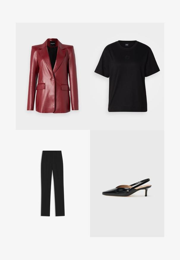 Patrizia Pepe JACKET - Blazer - clash red; Camiseta de algodón negra con cuello redondo, mangas cortas y un logo bordado en el pecho. Ajuste simple y relajado sin patrones.; Pantalones de traje negros con un diseño de pierna recta, que cuentan con bolsillos delanteros y una tela suave y texturizada. Detalles limpios y minimalistas.; Zapato de tacón slingback de charol negro con punta afilada, tacón pequeño y un diseño recortado en la parte superior. Accesorio de metal en tono dorado en el lateral.