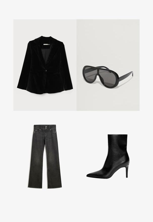 Černý sametový blazer s klopami, zapínání na jeden knoflík a dvě přední kapsy. Hladká textura a přiléhavý střih.; Tmavě šedý zkrácený svetr s V-výstřihem a dlouhými rukávy. Vyroben z měkké, strukturované tkaniny s žebrovaným lemem. Jednoduchý design.; Černé džíny s širokými nohavicemi a přiléhavým pasem, které mají viditelné švy, dvě přední kapsy a stříbrné kovové detaily na knoflících.; Černá kožená kotníková bota se štíhlým tvarem, špičatou špičkou a vysokým štíhlým podpatkem. Hladká textura, minimalistický design bez viditelného kovového zdobení.; Černé oversized sluneční brýle s hladkým plastovým rámem, tmavými skly a širokými spánky, s designem přesahu pro plné pokrytí.