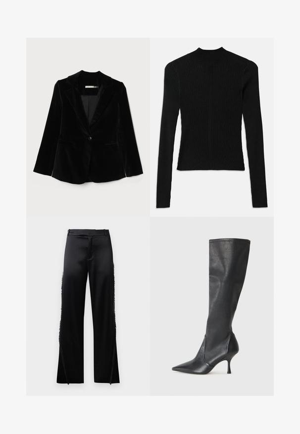 Zwarte fluwelen blazer met notch-revers, enkelvoudige knoopsluiting en twee voorzakken. Gladde textuur en getailleerde vorm.; Zwarte geribbelde lange mouw top met een hoge hals en een aansluitende pasvorm, met verticale textuur en stiksel details op de schouders.; Zwarte satijnen broek met brede pijpen, voorzien van franjes langs de zijnaden en een platte tailleband aan de voorkant. Eenvoudige achterkant zonder zakken.; Kniehoge zwarte leren laarzen met een spitse neus en een slanke stilettohak. Glad textuur met een aansluitend ontwerp en stiksels aan de bovenrand.