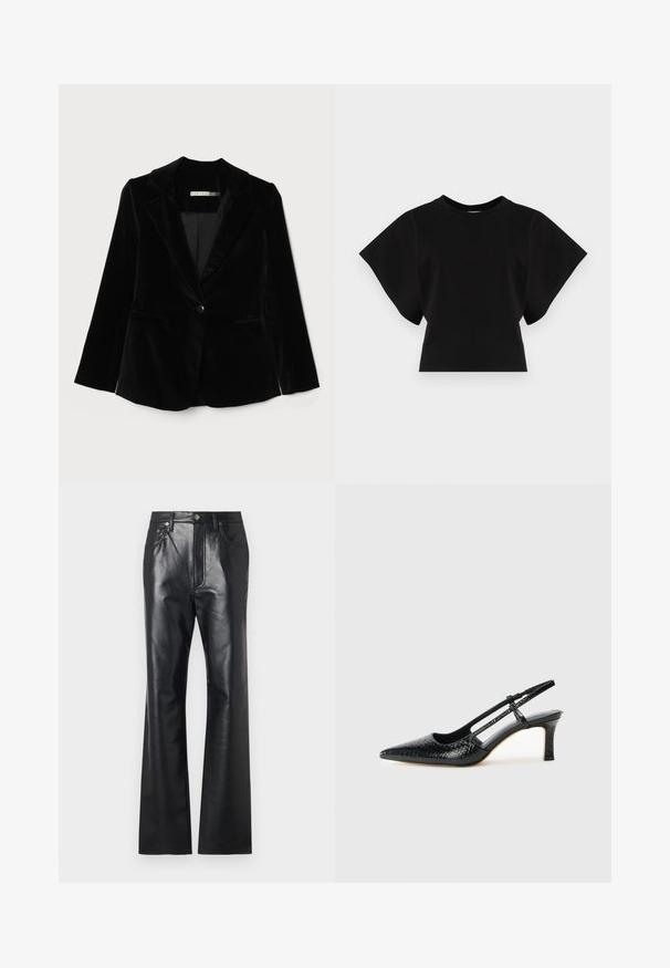 Must musta bleizer, millel sadulaklapid, ühe nupu sulgemine ja kaks esikotti. Sujuv tekstuur ja kohandatud kuju.; Must have musta t-särk, mis on valmistatud puuvillast, lühikeste ja laia varrukatega ning ümmarguse kaelusega. Särgil on sile tekstuur ja minimalistlik disain.; Mustad nahkpüksid sileda tekstuuriga, flöödid kujunduses, ees asuva tõmbluku ja vööpaeladega. Omavad peeneid õmbluskirjeldusi.; Mustmust paelad, millel on terav varvas, tekstuuriga maduprindiga, reguleeritav rihm ja lühike tekstuuriga plokknina.