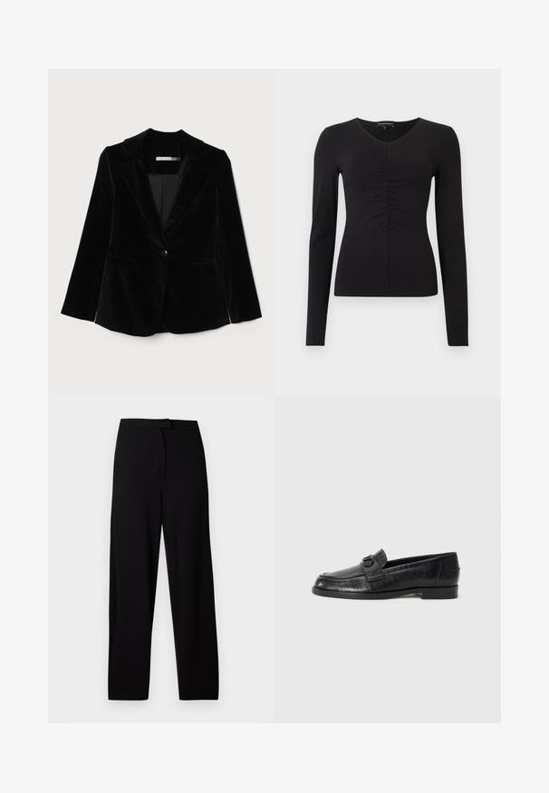 Zwarte fluwelen blazer met notch-revers, enkelvoudige knoopsluiting en twee voorzakken. Gladde textuur en getailleerde vorm.; Zwarte top met lange mouwen, een V-hals en een geplooid detail aan de voorkant, gemaakt van een gladde stof. Getailleerde pasvorm en minimalistisch ontwerp.; Zwarte wijde broek gemaakt van zachte, rekbare stof. Voorzien van een gladde tailleband en zonder zichtbare naden of zakken. Eenvoudig en veelzijdig ontwerp.; Zwarte leren instappers met een gladde bovenkant, gegraveerd lijnpatroon en een decoratieve gespaccent op de wreef. Lage blokhak.