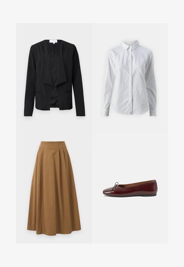 Črn blazer iz gladkega materiala z drapiranim sprednjim delom, dolgimi rokavi in dvema stranskima žepoma. Minimalistična zasnova brez gumbov ali okraskov.; Bela srajca z gumbki, narejena iz gladkega bombaža, s klasičnim ovratnikom, dolgimi rokavi in ukrivljenim robom. Gumbi so majhni in beli.; Rjava bombažna A-linijska krila z visokim pasom, ki vključuje naborke spredaj in gladko teksturo. Robovi so čisti in preprosti.; Burgundska patenti usnjeni baletni čevlji z zaobljenim prstom, majhnim lokom na sprednji strani in nizkim črnim gumijastim podplatom. Gladka tekstura.