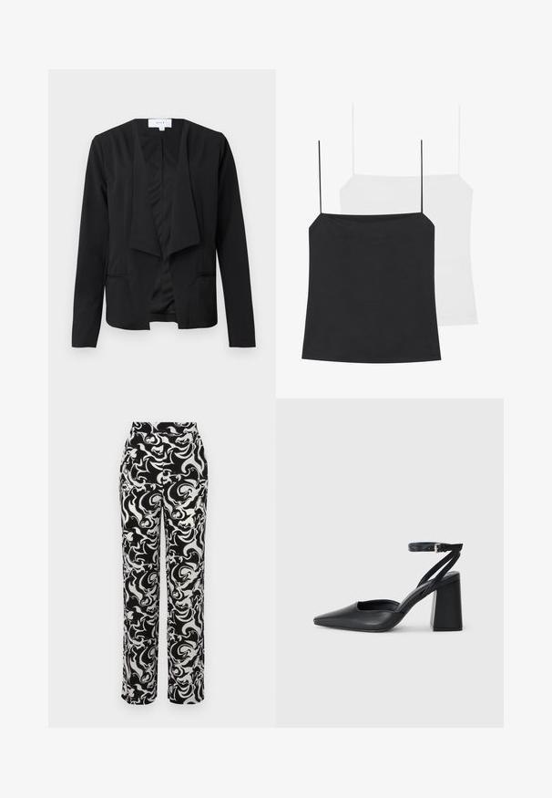 Svart blazer laget av glatt stoff med drapert front, lange ermer og to sidelommer. Minimalistisk design uten knapper eller pynt.; To camisole topper vises: en svart og en hvit. Begge har tynne stropper og en tettsittende design laget av et glatt, elastisk stoff.; Svart-hvite mønstrede bukser med høy midje, med et sirkulært abstrakt design og rett benkutt. Jevn stofftekstur.; Svart lær pumps med spiss tå, ankelrem og kraftig hæl. Flat tekstur, strømlinjeformet design og minimalisme.