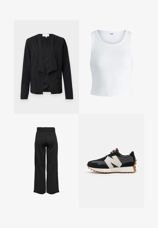 Svart blazer laget av glatt stoff med drapert front, lange ermer og to sidelommer. Minimalistisk design uten knapper eller pynt.; Hvit ribbestrikket tank topp med rund hals, uten ermer og croppe lengde. Merket leser "JJXX." Glatt stoff tekstur.; Svarte, vide bukser med elastisk midje, laget av glatt stoff. Har et rent design uten lommer eller synlige sømmer.; Sorte og grå sued sneakers med et stort cremefarvet "N" logo, lilla snørebånd og en tekstureret gummisål.