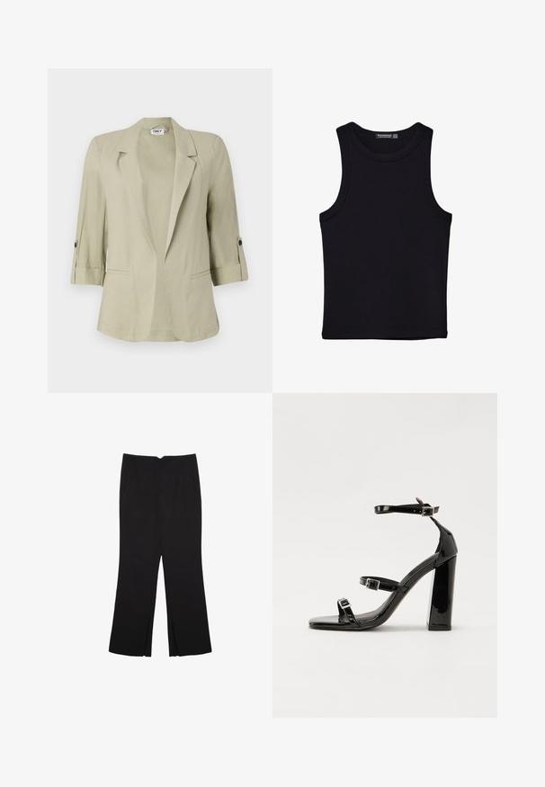 Svetlozelený sako so štruktúrovaným dizajnom, klopovými reverzami, rolovanými rukávmi a dvojitými gombíkmi. Obsahuje dve predné vrecká.; Čierny tank top vyrobený z bavlny, s okrúhlym výstrihom a širokými ramienkami. Hladká textúra so zošitými okrajmi. Klasický, minimalistický dizajn.; Čierne nohavice so strihom rovného strihu, s prednými vreckami a bočnými rozparkami na leme. Vyrobené z mäkkej, hladkej tkaniny. Vhodné na rôzne príležitosti.; Čierne lakované sandále na podpätku so štvorcovou špičkou, navlečenými remienkami okolo členku a striebornými prackami. Disponujú masívnym blokovým podpätkom pre stabilitu.