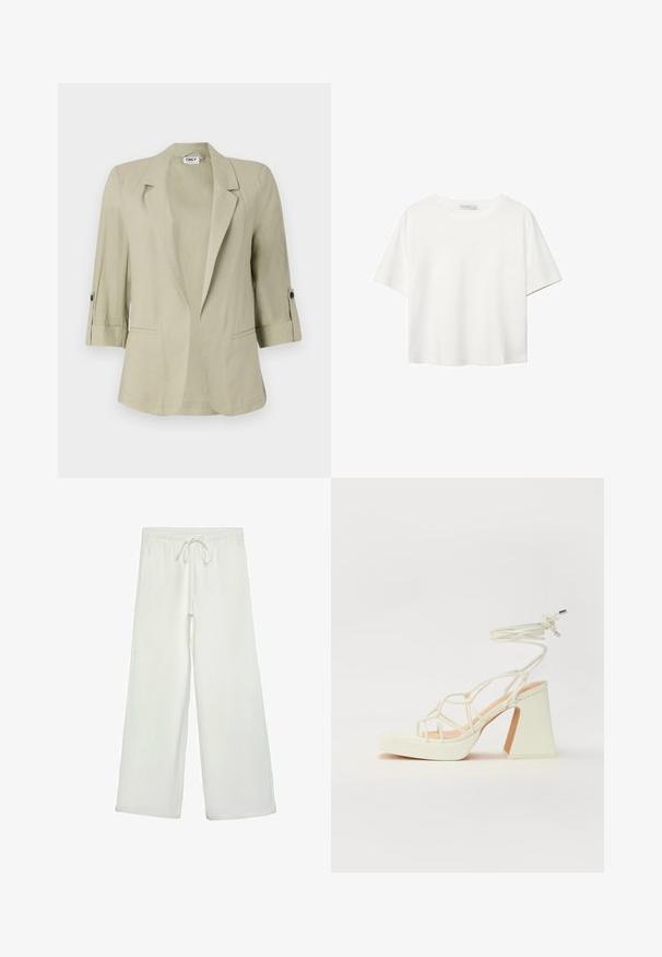 Blazer vert clair au design structuré, avec des revers crantés, des manches retroussées et des accents à double bouton. Présente deux poches avant.; T-shirt blanc à manches courtes en coton. Doté d'un col ras du cou et d'une coupe décontractée. Texture lisse sans motifs ni accents visibles.; Pantalons larges blancs en tissu doux. Dotés d'une taille élastique avec cordon de serrage et d'une texture lisse. Aucuns motifs visibles ni éléments en métal.; Sandale blanche à talons hauts avec un talon épais, présentant un design à lanières et un lien autour de la cheville. Texture lisse avec une plateforme à l'avant pour une hauteur supplémentaire.