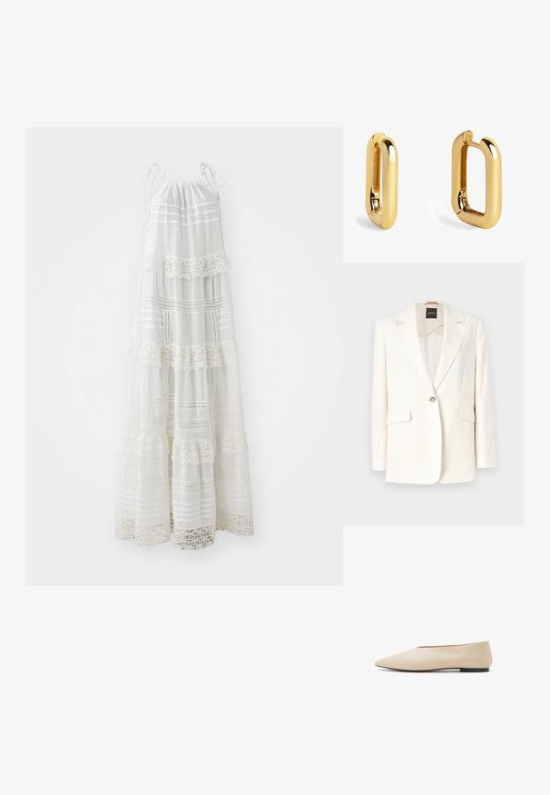 Blazer blanco entallado con solapa de muesca, cierre de un botón y dos bolsillos frontales. Tejido suave y líneas limpias. Etiqueta de la marca visible en el interior.; Vestido maxi blanco con tirantes finos, que presenta volantes en capas, detalles en encaje y rayas horizontales en todo su diseño. Tejido ligero.; Zapato plano de cuero beige con puntera afilada, diseño minimalista, superficie lisa y tacón bajo negro. Elegante y versátil para varios looks.; Pendientes de metal dorado con forma rectangular alargada, que presentan una superficie lisa y bordes redondeados para un aspecto pulido.