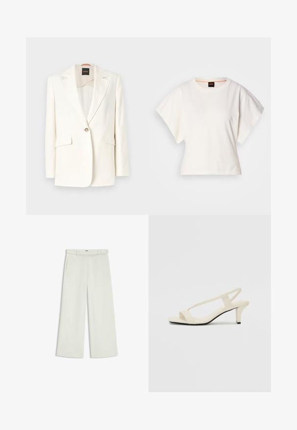Witte op maat gemaakte blazer met een notch lapel, enkele knoopsluiting en twee voorzakken. Glad stof en strakke lijnen. Merktag zichtbaar aan de binnenkant.; Witte gecropte T-shirt, korte brede mouwen, zachte katoenmaterialen, ronde halslijn met subtiele oranje rand, minimalistisch ontwerp, geen patronen of graphics.; Wijde broek in licht crèmekleurige stof, met zijzakken, een platte voorkant en een enkele knoopsluiting bij de taille. Glad van textuur.; Beige blockhak sandalen met dunne bandjes en een vierkante neus. Glad materiaal met minimale details, ontworpen voor eenvoudig dragen.