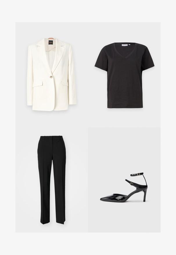 Fehér szabott blazer, kivágott gallérral, egysoros gombolással és két elülső zsebbel. Simaszerkezetű anyag és letisztult vonalak. A márkajelzés látható belül.; Fekete pamut póló V-nyakkal és rövid ujjakkal. Egyszerű dizájn, normál fazon, minta vagy díszítés nélkül.; Fekete, testhezálló nadrág egyenes szárú kivitelben, sima textúrával és éles redőkkel az elején. Nincs látható fémalkatrész.; Fekete lakkbőr magassarkú cipők hegyes orral, állítható bokapánttal és vékony sarokkal. Simább textúra fényes kivitelben.