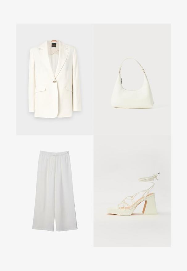 White tailored blazer with a notch lapel, single button closure, and two front pockets. Smooth fabric and clean lines. Brand tag visible inside.; White short-sleeve t-shirt made of cotton. Features a crew neckline and a relaxed fit. Smooth texture with no visible patterns or accents.; White wide-leg trousers made of lightweight fabric, featuring an elastic waistband and a drawstring for adjustable fit. Smooth texture.; White high-heeled sandal with a chunky heel, featuring a strappy design and ankle tie. Smooth texture with a platform front for added height.; Small white shoulder bag with a single adjustable strap and a zipper closure, set against a plain white background.