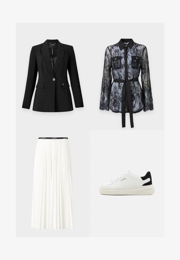 Melnā žakete, izgatavota no teksturētas auduma, ar vienu pogu aizdari, divām priekšējām kabatām un satīna oderi. Izteikta logo akcentācija uz kabatas.; Melnas mežģīņu blūze ar garām piedurknēm, pogām kabatām uz krūtīm, klasisku apkakli un auduma jostu, kas saitē ap jostasvietu. Caurspīdīgs dizains.; Gari plānas baltas svārku ar melnu elastīgu jostu, uz kuras redzams "LACOSTE" logo. Vidēja garuma dizains ar mīkstu tekstūru.; Baltas ādas sporta apavi ar biezu balto zoli, melna zamša uzpura un izspiestais logotips sānos. Šņorējuma dizains ar sešiem acu caurumiem.