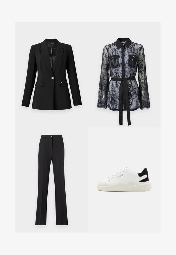 Juodas švarkas, pagamintas iš tekstūruotos medžiagos, su vienu mygtuko užsegimu, dviem priekinėmis kišenėmis ir satino pamušalu. Išskirtinis logotipo akcentas ant kišenės.; Juodas nėrinių palaidinė su ilgomis rankovėmis, sagomis ant krūtinės kišenių, klasikinė apykaklė ir audinys diržas, surištas ties liemeniu. Permatomas dizainas.; Juodos, pritaikytos kelnės su tiesia kojų forma. Savybės: sagčių užsegimas, diržo kilpos ir lygus, matinis paviršius.; Baltos odinės sportbačiai su storu baltu padu, juodu nubuko kulno akcentu ir iškilmingu logotipu šone. Su raišteliais, turinčiais šešis akinius.