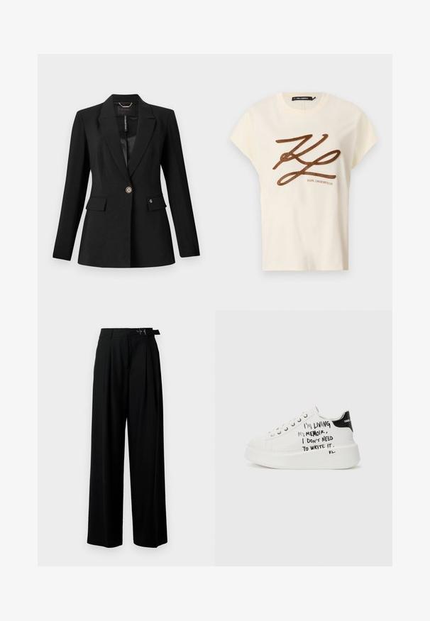Black blazer made from textured fabric, featuring a single button closure, two front pockets, and a satin lining. Notable logo accent on pocket.; Cream-colored cotton t-shirt with short sleeves, featuring a brown embroidered logo and script design on the front.; Black wide-leg trousers with a high waist, pleats at the front, and a belt featuring a buckle. Made from smooth, lightweight fabric.; White platform sneakers with black accents, featuring a textured sole and handwritten text on the sides. Smooth leather material.