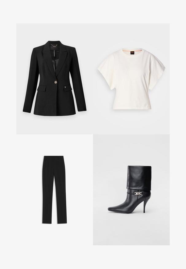 Schwarze Blazer aus strukturiertem Stoff, mit einem einzigen Knopfverschluss, zwei Fronttaschen und einem satinierten Futter. Auffälliges Logo-Detail auf der Tasche.; Weißes, kurzes T-Shirt, kurze weite Ärmel, weicher Baumwollstoff, runder Ausschnitt mit subtilen orangefarbenen Akzenten, minimales Design, keine Muster oder Grafiken.; Schwarze maßgeschneiderte Hose mit geradem Bein, ausgestattet mit Fronttaschen und einem glatten, strukturierten Stoff. Saubere, minimale Details.; Schwarze Leder-Ankle-Boots mit spitzer Zehenpartie, hohen Stiletto-Absätzen, umgeschlagenem Schaft und einem goldenen dekorativen Schnallen-Detail an der Knöchel.