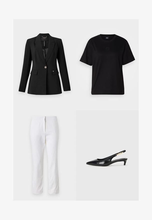 Crni sako od teksturiranog materijala, sa zatvaranjem na jedan dugme, dva prednja džepa i satenom podstavom. Istaknuta oznaka loga na džepu.; Crna pamučna majica s okruglim izrezom, kratkim rukavima i izvezenim logotipom na prsima. Jednostavan, opušten kroj bez uzorka.; Bijele pamučne hlače ravnog kroja, sa strukom srednje visine i bez vidljivih metalnih dijelova ili uzoraka. Glatka tekstura kroz cijelu dužinu.; Crne kožne sandale s petom, s izduženim vrhom, imaju usku petu i zlatni akcent na podesivoj traci. Glatka tekstura.
