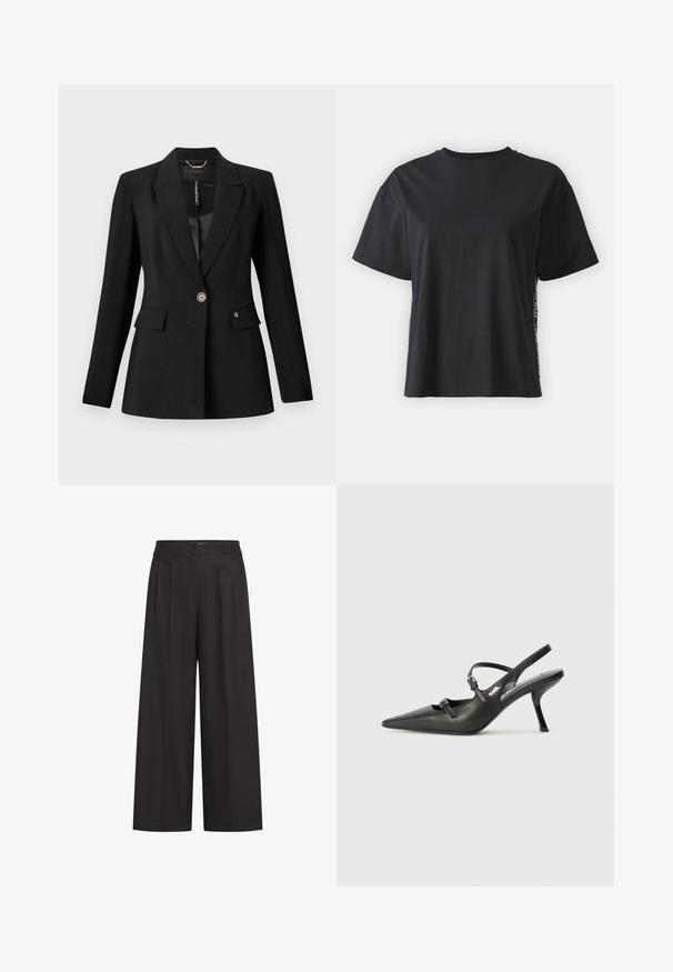 Blazer negro hecho de tela texturizada, con cierre de un solo botón, dos bolsillos frontales y forro de satén. Acento notable de logo en el bolsillo.; Camiseta de algodón negra de manga corta con un corte relajado y un panel lateral en contraste que presenta texto pequeño y detalles de diseño.; Pantalones de pierna ancha negros con cintura alta, con pliegues frontales y una textura suave. Construidos con un tejido ligero.; Tacones slingback de cuero negro con punta afilada, tacón delgado y detalle decorativo de hebilla en la parte superior. Textura suave y diseño elegante.