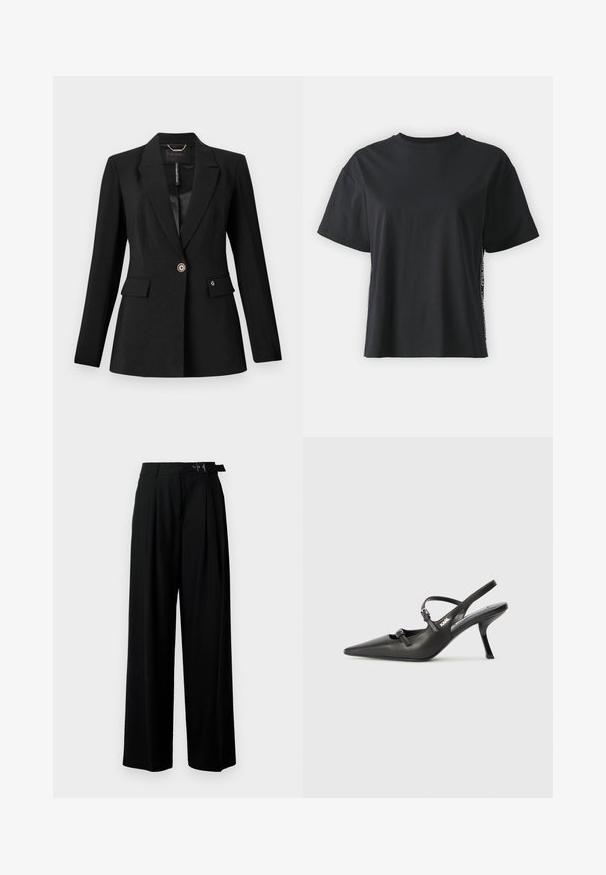 Crni sako od teksturiranog materijala, sa zatvaranjem na jedan dugme, dva prednja džepa i satenom podstavom. Istaknuta oznaka loga na džepu.; Crna pamučna majica kratkih rukava s opuštenim krojem i kontrastnim bočnim panelom koji sadrži sitan tekst i detalje dizajna.; Crne široke hlače s visokim strukom, nabranima sprijeda i remenom s kopčom. Izrađene od glatkog, laganog materijala.; Crne kožne štikle sa otvorenom petom, s uskim vrhom i dekorativnom kopčom na gornjem dijelu. Glatka tekstura i elegantan dizajn.