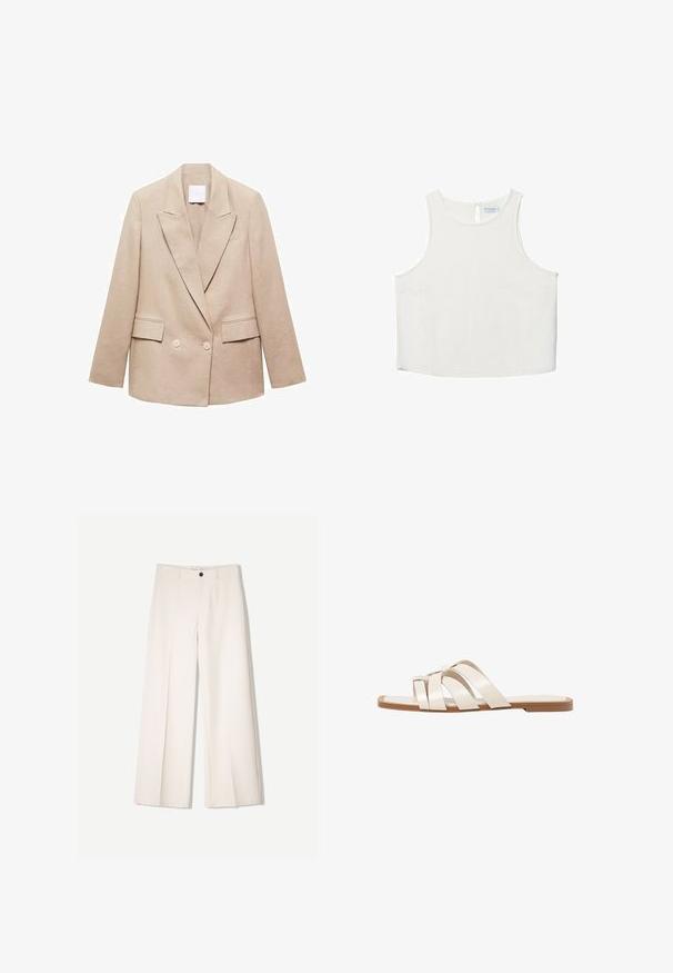 Blazer beige doppiopetto realizzato in tessuto testurizzato. Presenta rever a punta, due tasche frontali e due bottoni crema per la chiusura.; Top bianco senza maniche con scollo rotondo, caratterizzato da una sottile trama, dettaglio a rombo sul retro e orlo dritto.; Pantaloni larghi color crema con design sartoriale, dotati di due tasche frontali e una chiusura con bottone anteriore, realizzati in tessuto liscio.; Infradito con suola in gomma color talpa, progettate con tre cinturini in pelle bianca sovrapposti e un piccolo dettaglio a fiocco al centro.