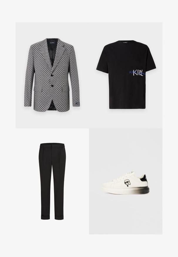 Pilkos šachmatinės rašto bleizeris su dviejų mygtukų uždarymu, iškirptėmis atlapomis ir dviem priekinėmis kišenėmis. Vidinė juoda pamušalo danga, pagaminta iš tekstūruotos medžiagos.; Juodas medvilninis marškinėliai trumpomis rankovėmis, su grafikiniu dizainu, kuriame ant kairiojo šono užrašyta "KARL" balta ir mėlyna spalvomis. Apvalaus kaklo stilius.; Juodi kelnių su elastinga juosmena, tiesaus kirpimo ir sukurtomis rankovėmis. Pagaminti iš lygaus, audinio be raštų.; Baltos sportbačiai su lygiu odiniu paviršiumi, juodais akcentais ant kulno ir komiksų logotipu. Yra storas, šiek tiek permatomas padas.