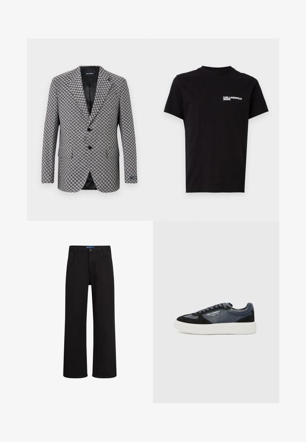 Grau kariertes Blazer mit zweireihigem Verschluss, Reverskragen und zwei Fronttaschen. Innenausstattung aus schwarzem, strukturiertem Stoff.; Schwarzes T-Shirt aus Baumwolle mit Rundhalsausschnitt und kurzen Ärmeln. Auffälliger weißer Logo-Text auf der linken Brustseite. Einfaches Design.; Schwarze gerade geschnittene Hosen mit Knopf- und Reißverschluss, Gürtelschlaufen und Seitentaschen, vor weißem Hintergrund präsentiert.; Schwarze und marineblaue Sneaker aus Leder und Wildleder, mit einer dicken weißen Zwischensohle, runder Zehenpartie und strukturierten Akzenten. Schnürsenkel in passender Farbe.