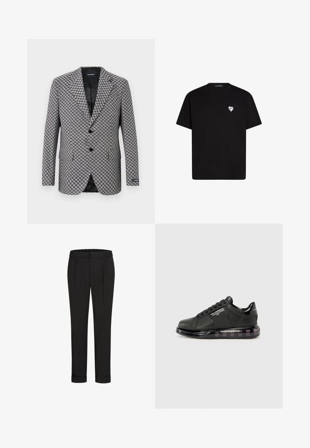 Šedý kostkovaný blazer s dvojtlačítkovým zapínáním, klopovými límci a dvěma předními kapsami. Vnitřní černá podšívka, vyrobená z texturované tkaniny.; Černé bavlněné tričko s krátkým rukávem, kulatým výstřihem a malou bílou srdíčkovou grafikou na levé hrudi.; Černé kalhoty s elastickým pasem, s rovnými nohavicemi a ohrnutými lemy. Vyrobené z hladké tkaniny bez vzorů.; Černé tenisky s hladkým koženým svrškem, zaoblenou špičkou a šněrovacím designem. Mají průhlednou, polstrovanou podrážku s tmavým přechodem.