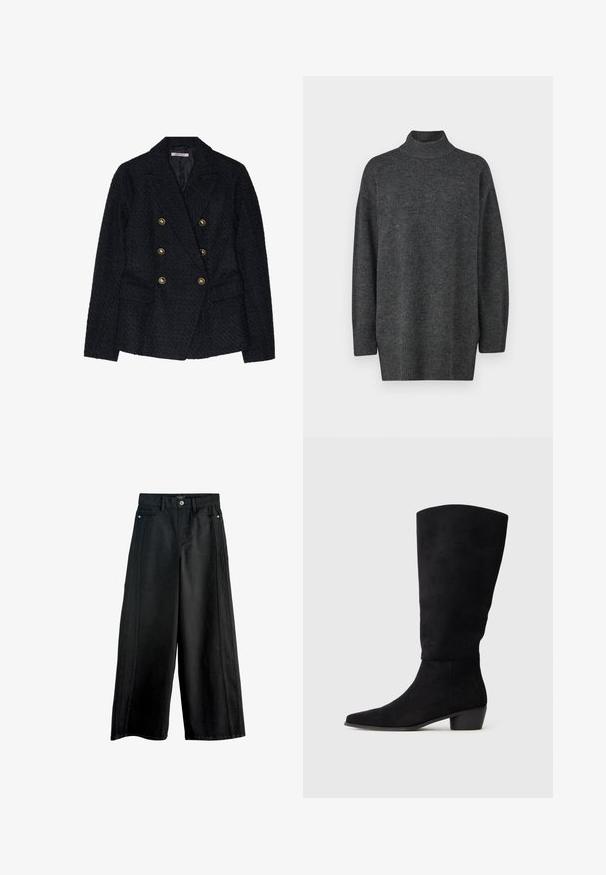 Černý dvouřadý blazer s texturovanou tkaninou, s dvěma předními kapsami a zlatými knoflíkovými akcenty.; Tmavě šedý, oversized rolák z měkkého pleteného materiálu s dlouhými rukávy a žebrovaným lemem; hladká textura, minimalistický design.; Černé široké džínové kalhoty s vysokým pasem, předními kapsami a kontrastním bočním švem. Čistý, minimalistický design.; Černé semišové vysoké kozačky po kolena s nízkým blokovým podpatkem a špičatou špičkou, zobrazené ve bočním pohledu na světlém šedém pozadí.