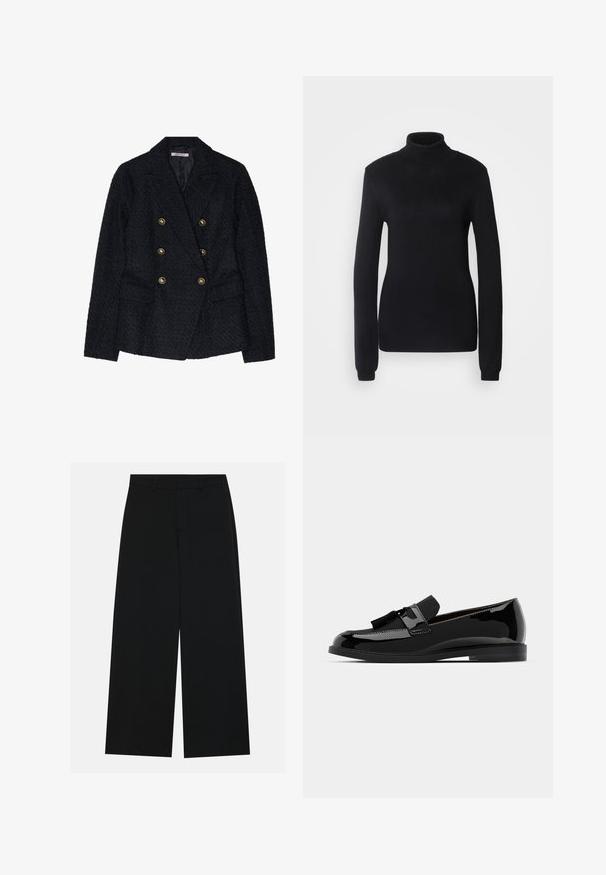 Musta kaksirivinen bleiseri, jossa on teksturoitu kangas, kahdella etutaskulla ja kultaisilla nappikoristeilla.; Musta poolneule, joka on valmistettu pehmeästä neulekankaasta. Se on pitkähihainen ja hyvin istuva, jossa on ribbollinen kaulus ja vyötärö.; Löysi mustat housut, jotka on valmistettu sileästä kankaasta. Niissä on tasainen vyötärö, jossa on vyölenkit, eikä näkyviä taskuja. Yksinkertainen muotoilu.; Musta patentoitu nahkakengät, joissa on litteä korko, tasselikoriste ja sileä pinta, muotoiltu pyöreällä varvalla ja huomaamattomalla ompeleella.