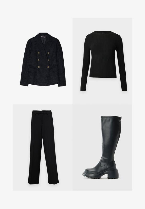 Must küllastatud kahe nööbiga sakko, millel on tekstuurne kangas, kaks esist küljepocketit ja kuldse tooni nööbid.; Mustmustriibuline must pikavarsiline sobiv sviiter ümmarguse kaelusega, esitatud helehallil taustal.; Musta laiad püksid siledast kangast, millel on klassikaline vöökoht, nööbiga sulgemine ja ees voldid.; Kõrge must nahksaapad, millel on massiivne platvormi tald ja blokk-kand, varustatud tõmbenööriga ja tekstuuriga väljatõmbejääk.