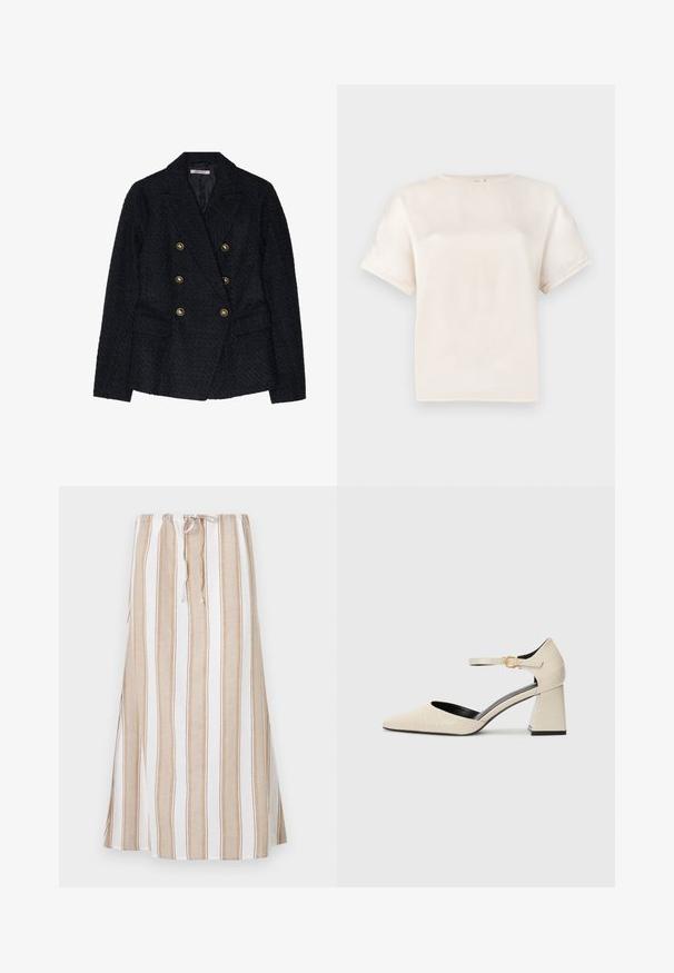 Černý dvouřadý blazer s texturovanou tkaninou, s dvěma předními kapsami a zlatými knoflíkovými akcenty.; Krátký rukáv tričko s kulatým výstřihem v barvě off-white, vyrobené z hladkého materiálu, s uvolněným střihem a minimálními švy na rukávech.; Pruhovaná sukně v bílé a světle hnědé barvě, s tkaničkovým pasem a dlouhým, splývavým střihem. Vyrobena z lehkého materiálu s volným střihem.; Béžové boty na bloku z ekologické kůže s špičatou špičkou, kotníkovým páskem a jemným krokodýlím vzorem. Černé vnitřní podšívka.