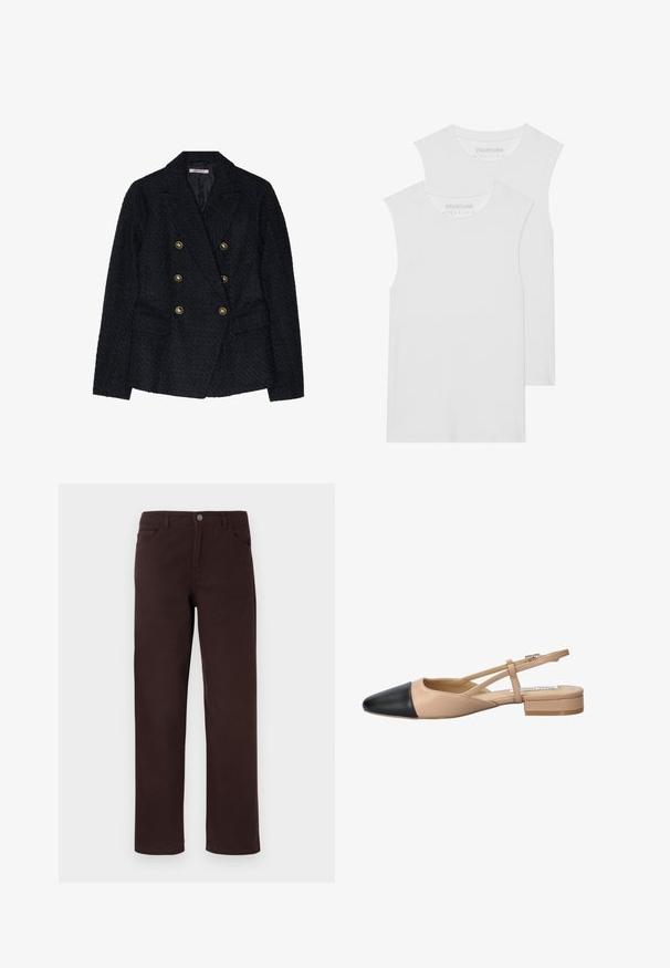 Schwarzer doppelt geknöpfter Blazer aus strukturiertem Stoff, mit zwei Fronttaschen und goldfarbenen Knopfakzenten.; Zwei weiße ärmellose T-Shirts aus weichem Baumwollmaterial, mit einem runden Ausschnitt und ohne sichtbare Muster oder Metallteile.; Braune Baumwollhosen im gerade geschnittenen Design, mit zwei Fronttaschen und einer Knopfverschlussschnalle am Taillenbund. Glatte Textur ohne sichtbare Muster.; Beige und schwarze zweifarbige Slingback-Schuhe mit spitzer Zehenpartie, flachem Absatz und gekreuztem Riemendetail. Glattes Lederfinish.