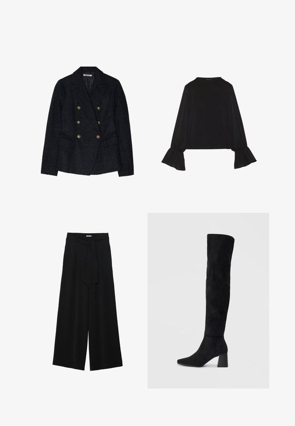 Blazer preto de duplo botão com um tecido texturizado, apresentando dois bolsos frontais e detalhes em botões dourados.; Top preto de mangas longas com punhos largos, textura suave e um corte descontraído, com um simples decote redondo.; Calças largas pretas com um tecido texturizado, uma cintura elástica e um laço destacável na cintura para um ajuste ajustável.; Bota de camurça preta até ao joelho com salto bloco, bico fino e design suave e sem costuras sobre um fundo claro.